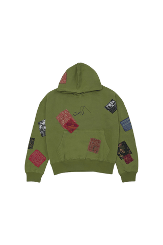 Olive green jamawar patchwork hoodie