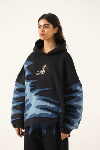 Intertwine denim and fleece hoodie