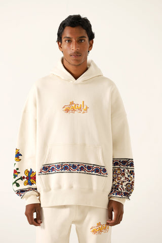 "1975" block print beige hoodie