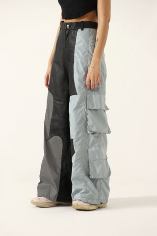 "2001" paneled leather/nylon pants