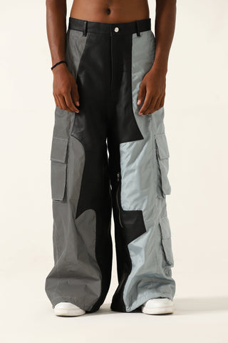 "2001" paneled leather/nylon pants