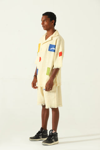 Patchwork handwoven beige polo