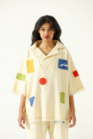 Patchwork handwoven beige polo