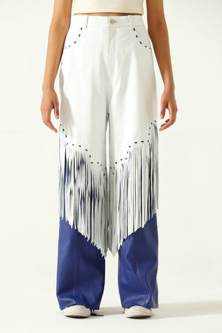 White blue leather pants