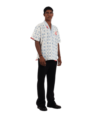 "Azure echo" handwoven and handblockprinted polo