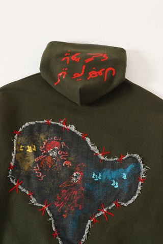 "Waqt" patchwork olive green hoodie