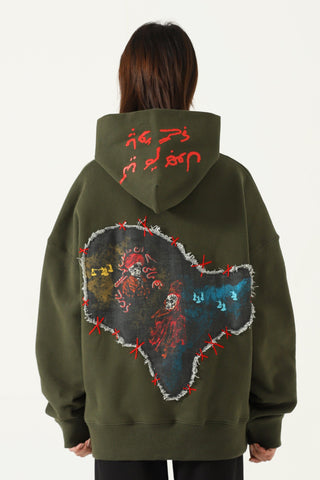 "Waqt" patchwork olive green hoodie