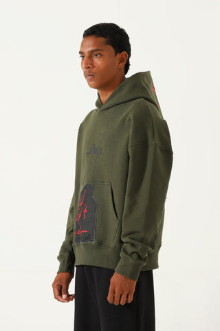 "Waqt" patchwork olive green hoodie