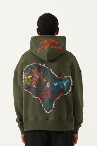 "Waqt" patchwork olive green hoodie