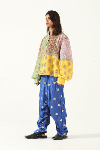 Embroidered royal blue silk trousers