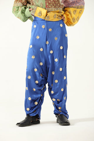 Embroidered royal blue silk trousers