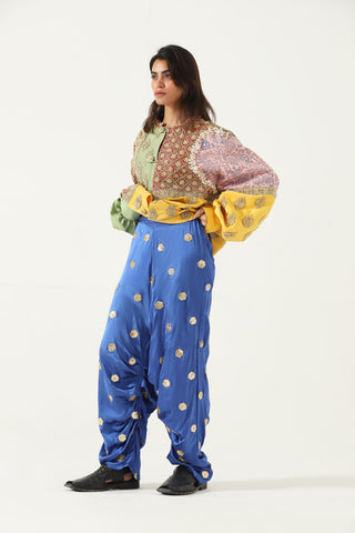 Embroidered royal blue silk trousers
