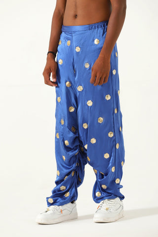 Embroidered royal blue silk trousers