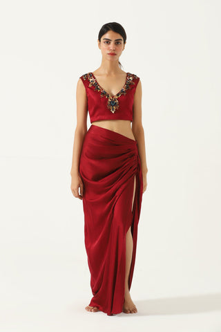 Embroidered maroon silk ensemble