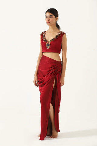 Embroidered maroon silk ensemble