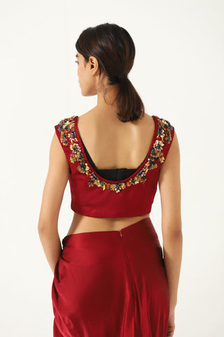 Embroidered maroon silk ensemble