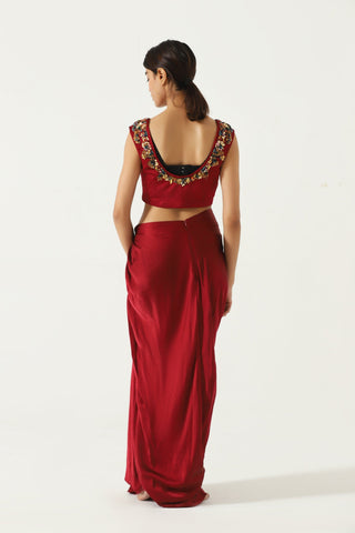 Embroidered maroon silk ensemble