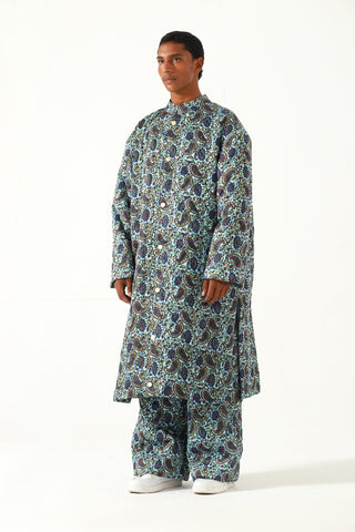 Quilted silk block print trousers