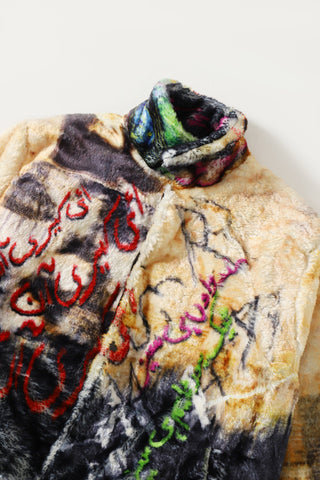 "Family first" printed faux fur jacket