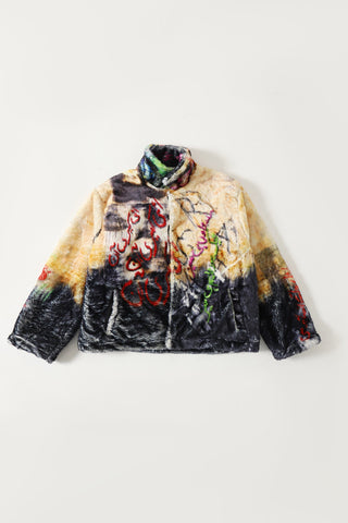 "Family first" printed faux fur jacket
