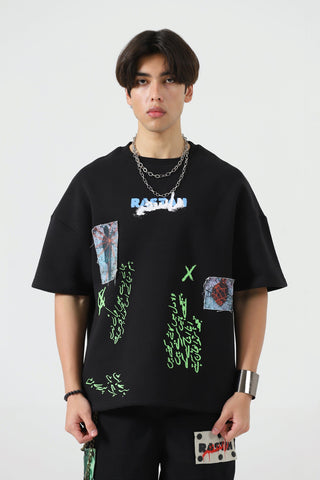 "Paray hutt" patchwork black T-shirt