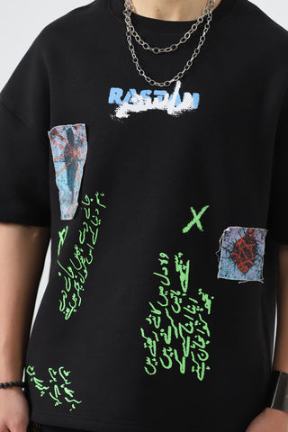 "Paray hutt" patchwork black T-shirt
