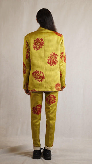 Lime Green Printed Oversized Silk Blazer - Rastah
