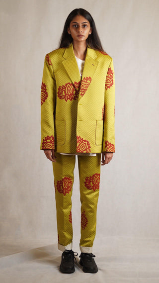 Lime Green Printed Oversized Silk Blazer - Rastah