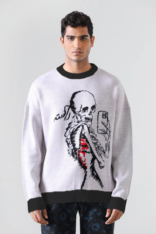 "Death by a thousand pics" jacquard knit sweatshirt