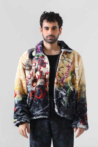 "Family first" printed faux fur jacket