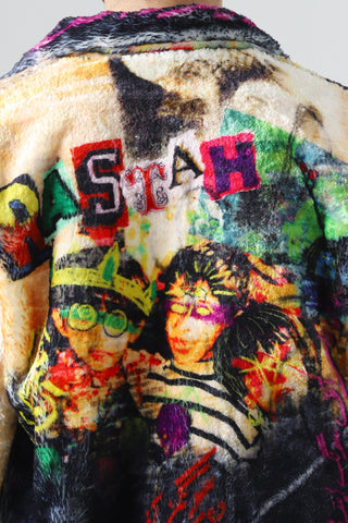"Family first" printed faux fur jacket