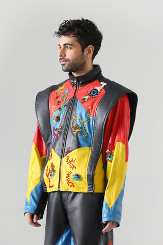 Hand-Embroidered leather racer jacket
