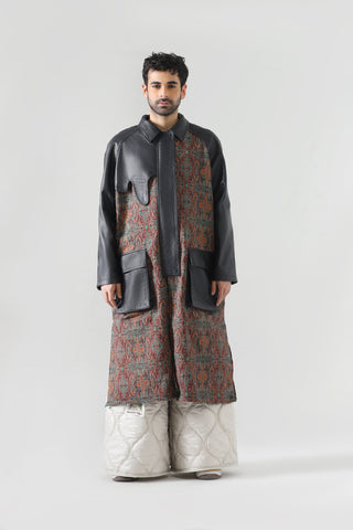 Jamawar leather accent long coat