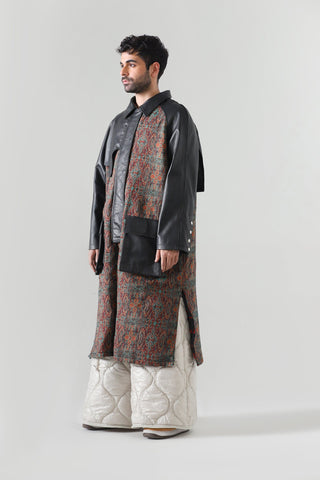 Jamawar leather accent long coat