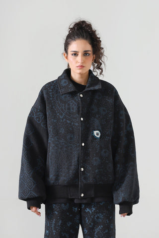 "Eye of the storm" block print bomber jacket
