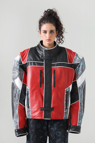 "After hours" block print biker jacket