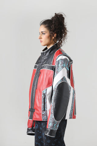 "After hours" block print biker jacket