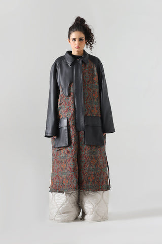 Jamawar leather accent long coat