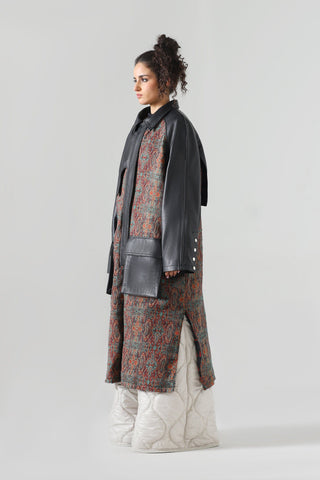 Jamawar leather accent long coat