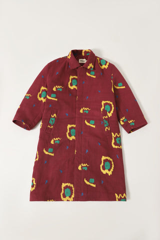 MAROON HANDWOVEN PRINTED LONG COAT - Rastah