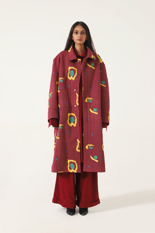 MAROON HANDWOVEN PRINTED LONG COAT - Rastah
