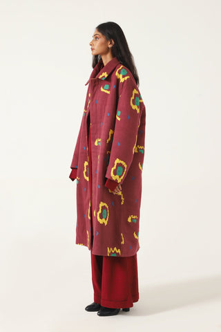 MAROON HANDWOVEN PRINTED LONG COAT - Rastah