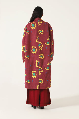 MAROON HANDWOVEN PRINTED LONG COAT - Rastah