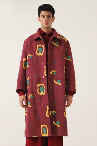 MAROON HANDWOVEN PRINTED LONG COAT - Rastah
