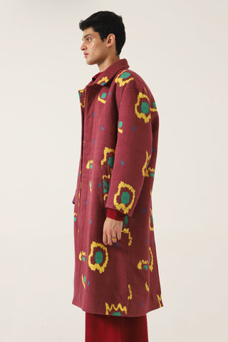 MAROON HANDWOVEN PRINTED LONG COAT - Rastah