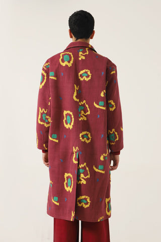MAROON HANDWOVEN PRINTED LONG COAT - Rastah