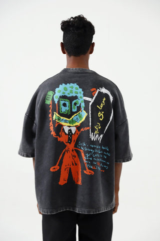 "MAN IN THE DARK" HAND PRINTED GREY T SHIRT - Rastah