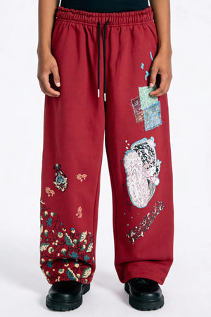 Red block-printed sweatpants