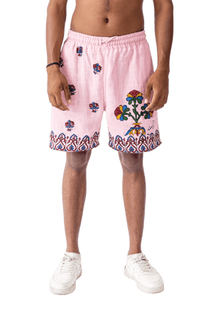 Pink block print khaddar shorts