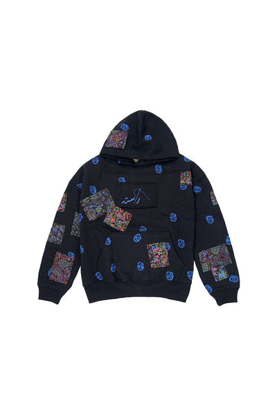 SHOPOHOLIC FASHION Opgespoten patchwork zwarte hoodie met ritssluiting SHOPOHOLIC FASHION Opgespoten patchwork zwarte hoodie met ritssluiting